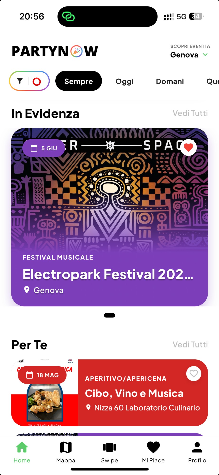 Home app PartyNow con sezione In Evidenza