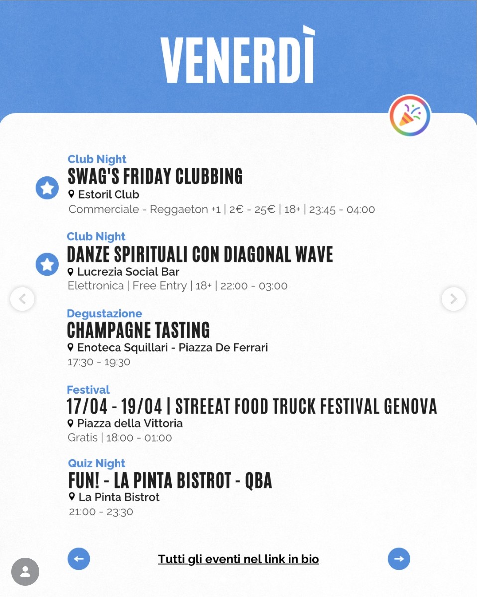 Selezione eventi Venerdì - Genova